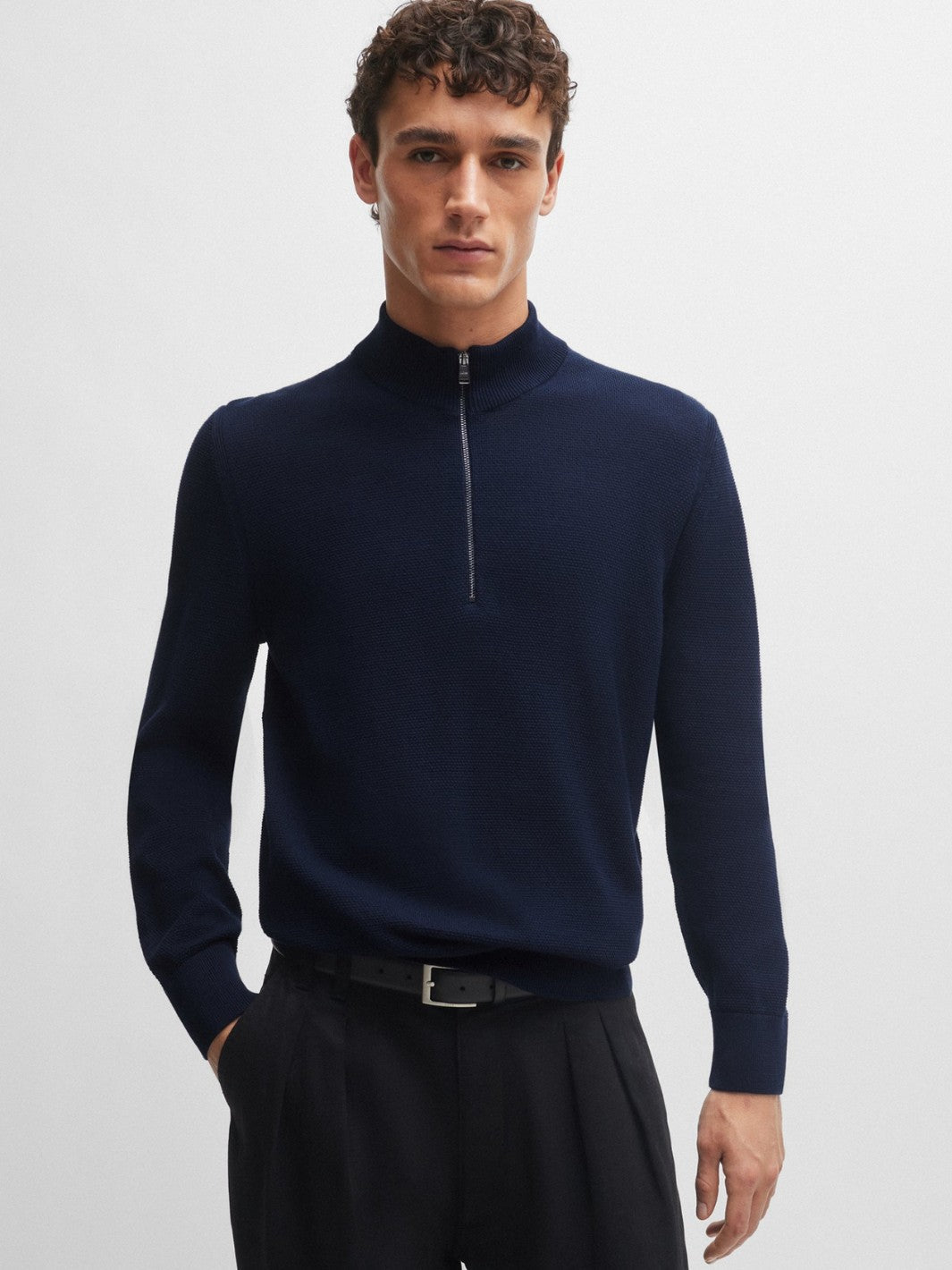 QUARTER-ZIP COTTON SWEATER WITH KNITTED STRUCTURE